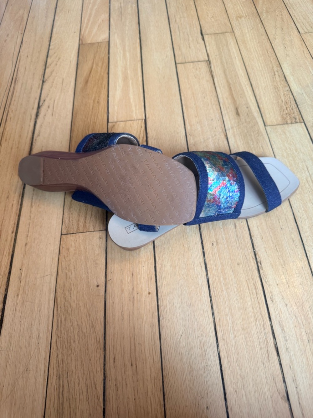 Tahari FERN slide sandals multicolor rainbow sequins, blue denim straps. - Picture 5 of 6